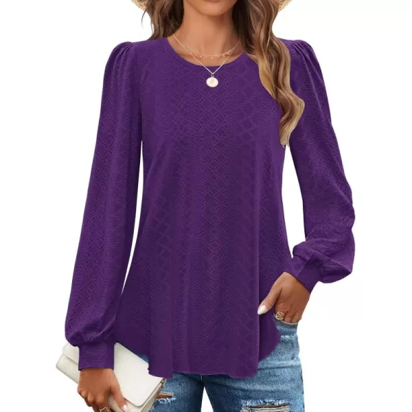 ZESICA Long Sleeve Eyelet Tops for Womens Crew Neck Fall Shirts Casual Loose Blouses 2024 Trendy ClothesPurple
