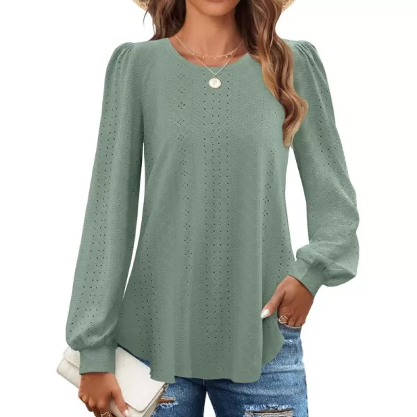 ZESICA Long Sleeve Eyelet Tops for Womens Crew Neck Fall Shirts Casual Loose Blouses 2024 Trendy ClothesSage