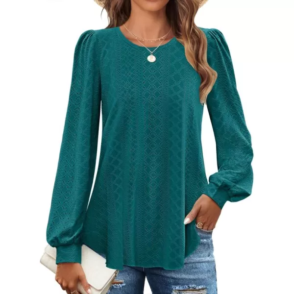 ZESICA Long Sleeve Eyelet Tops for Womens Crew Neck Fall Shirts Casual Loose Blouses 2024 Trendy ClothesTealgreen