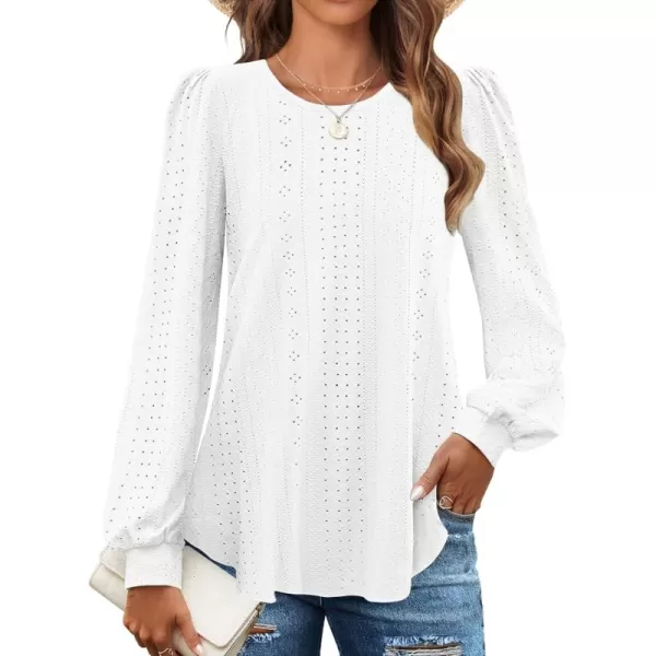 ZESICA Long Sleeve Eyelet Tops for Womens Crew Neck Fall Shirts Casual Loose Blouses 2024 Trendy ClothesWhite