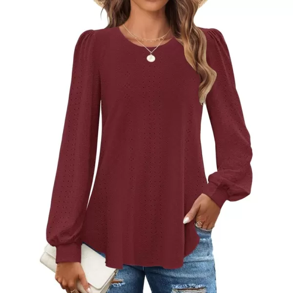 ZESICA Long Sleeve Eyelet Tops for Womens Crew Neck Fall Shirts Casual Loose Blouses 2024 Trendy ClothesWine