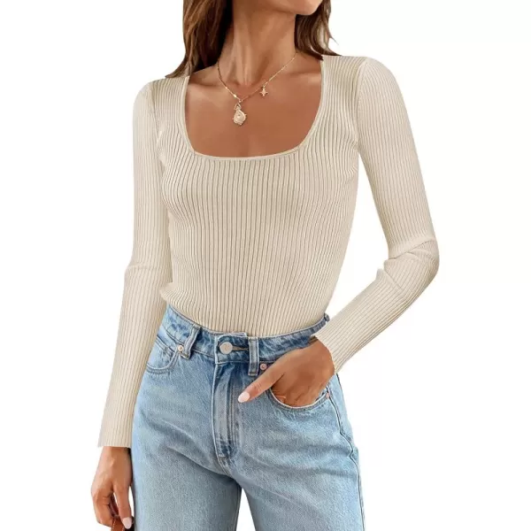 ZESICA Womens 2024 Long Sleeve Square Neck T Shirts Slim Fitted Elegant Fall Ribbed Knit Casual Tee TopsSand