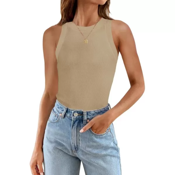 ZESICA Womens 2024 Summer Sleeveless Tank Tops Ribbed High Neck Racerback Slim Fitted Color Block Casual ShirtsKhaki