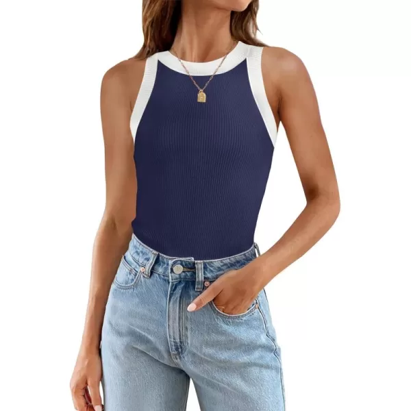 ZESICA Womens 2024 Summer Sleeveless Tank Tops Ribbed High Neck Racerback Slim Fitted Color Block Casual ShirtsNavy