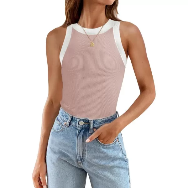 ZESICA Womens 2024 Summer Sleeveless Tank Tops Ribbed High Neck Racerback Slim Fitted Color Block Casual ShirtsPink
