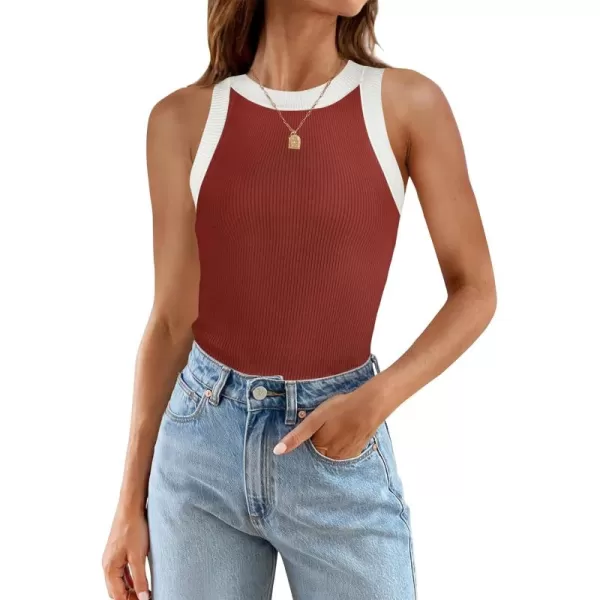 ZESICA Womens 2024 Summer Sleeveless Tank Tops Ribbed High Neck Racerback Slim Fitted Color Block Casual ShirtsRed