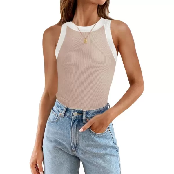 ZESICA Womens 2024 Summer Sleeveless Tank Tops Ribbed High Neck Racerback Slim Fitted Color Block Casual ShirtsSand