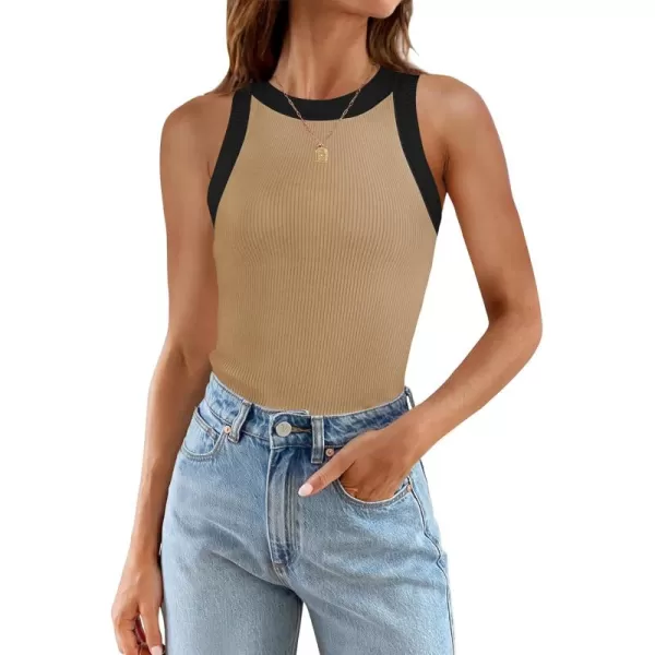 ZESICA Womens 2024 Summer Sleeveless Tank Tops Ribbed High Neck Racerback Slim Fitted Color Block Casual ShirtsToffee