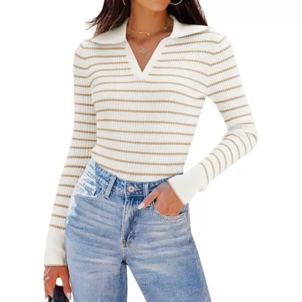ZESICA Womens Long Sleeve V Neck Knit Tops 2024 Fall Striped Sweater Slim Fit Casual Basic Tee TopsApricot