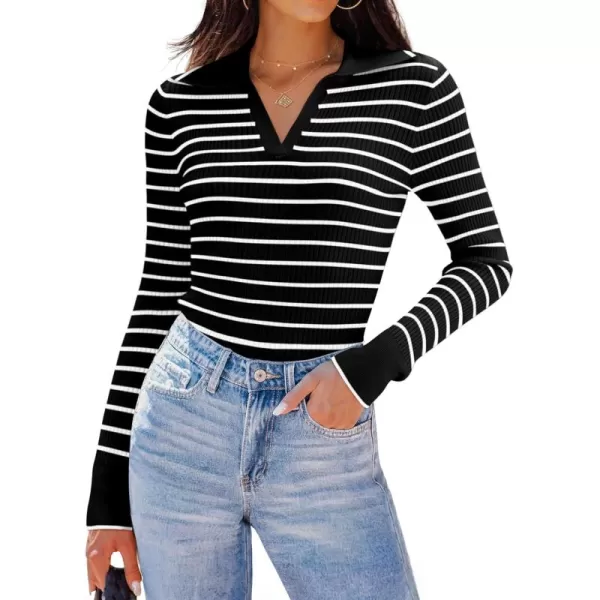 ZESICA Womens Long Sleeve V Neck Knit Tops 2024 Fall Striped Sweater Slim Fit Casual Basic Tee TopsBlack