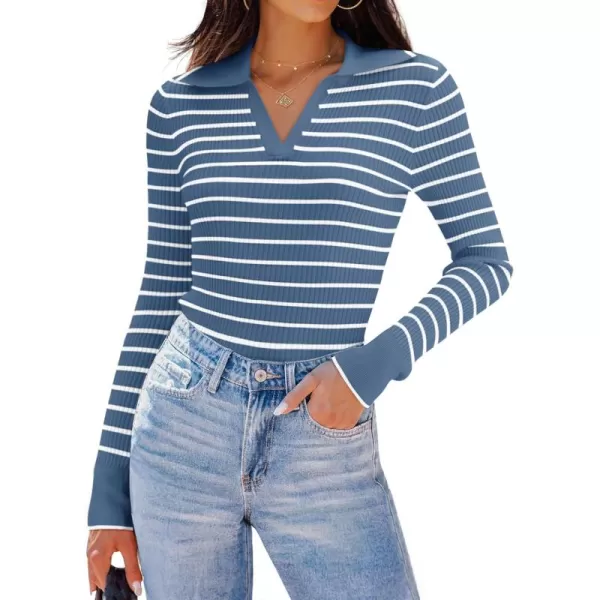 ZESICA Womens Long Sleeve V Neck Knit Tops 2024 Fall Striped Sweater Slim Fit Casual Basic Tee TopsBlue