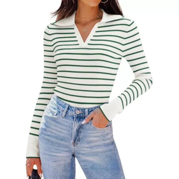 ZESICA Womens Long Sleeve V Neck Knit Tops 2024 Fall Striped Sweater Slim Fit Casual Basic Tee TopsGreen