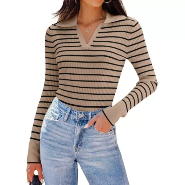 ZESICA Womens Long Sleeve V Neck Knit Tops 2024 Fall Striped Sweater Slim Fit Casual Basic Tee TopsKhaki
