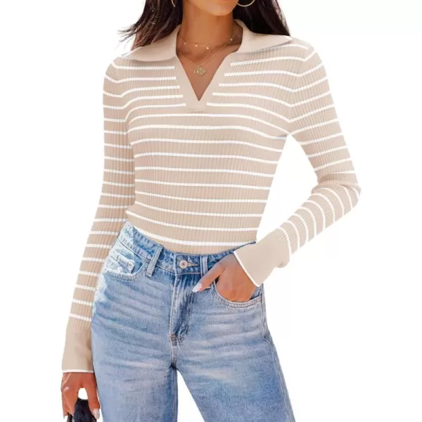 ZESICA Womens Long Sleeve V Neck Knit Tops 2024 Fall Striped Sweater Slim Fit Casual Basic Tee TopsLightapricot