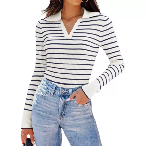 ZESICA Womens Long Sleeve V Neck Knit Tops 2024 Fall Striped Sweater Slim Fit Casual Basic Tee TopsNavy