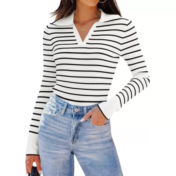 ZESICA Womens Long Sleeve V Neck Knit Tops 2024 Fall Striped Sweater Slim Fit Casual Basic Tee TopsWhite