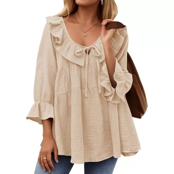 ZESICA Womens Scoop Neck 34 Length Sleeve Tops 2024 Casual Tie Front Ruffle Tiered Loose Tunic Shirts Blouses Fall OutfitsApricot