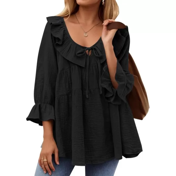 ZESICA Womens Scoop Neck 34 Length Sleeve Tops 2024 Casual Tie Front Ruffle Tiered Loose Tunic Shirts Blouses Fall OutfitsBlack