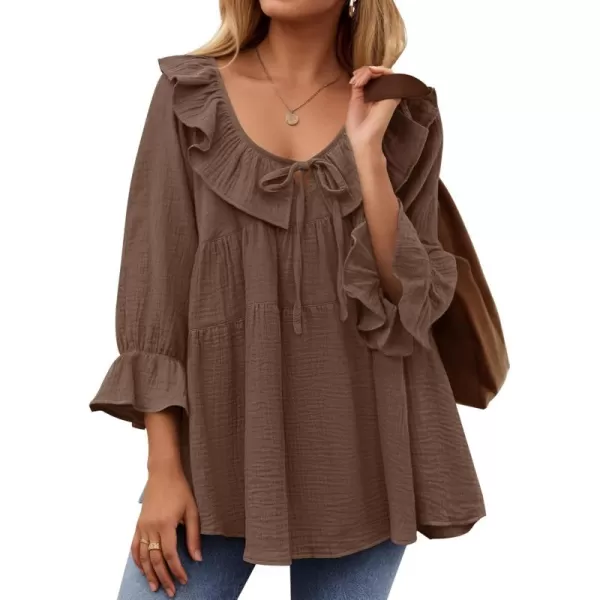 ZESICA Womens Scoop Neck 34 Length Sleeve Tops 2024 Casual Tie Front Ruffle Tiered Loose Tunic Shirts Blouses Fall OutfitsBrown