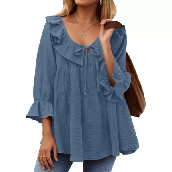 ZESICA Womens Scoop Neck 34 Length Sleeve Tops 2024 Casual Tie Front Ruffle Tiered Loose Tunic Shirts Blouses Fall OutfitsDusty Blue