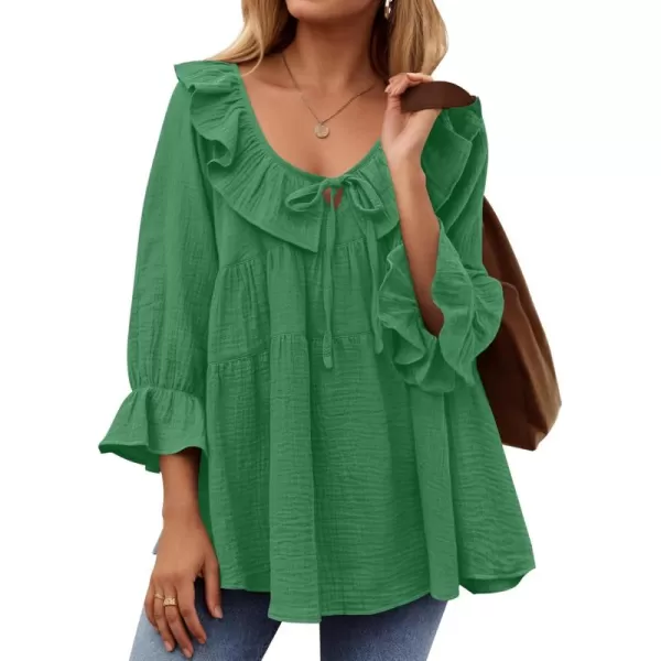 ZESICA Womens Scoop Neck 34 Length Sleeve Tops 2024 Casual Tie Front Ruffle Tiered Loose Tunic Shirts Blouses Fall OutfitsGreen