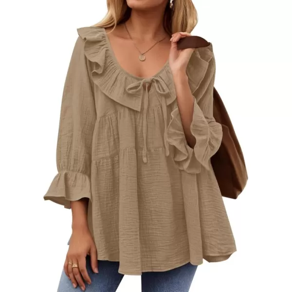ZESICA Womens Scoop Neck 34 Length Sleeve Tops 2024 Casual Tie Front Ruffle Tiered Loose Tunic Shirts Blouses Fall OutfitsKhaki