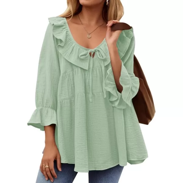 ZESICA Womens Scoop Neck 34 Length Sleeve Tops 2024 Casual Tie Front Ruffle Tiered Loose Tunic Shirts Blouses Fall OutfitsMint Green