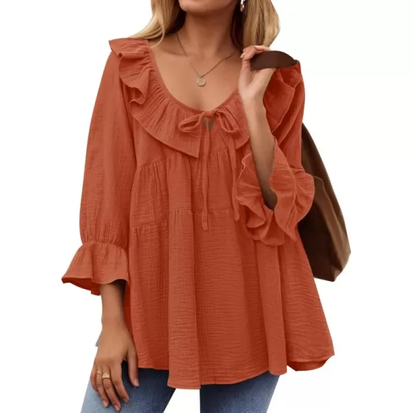 ZESICA Womens Scoop Neck 34 Length Sleeve Tops 2024 Casual Tie Front Ruffle Tiered Loose Tunic Shirts Blouses Fall OutfitsOrange Red