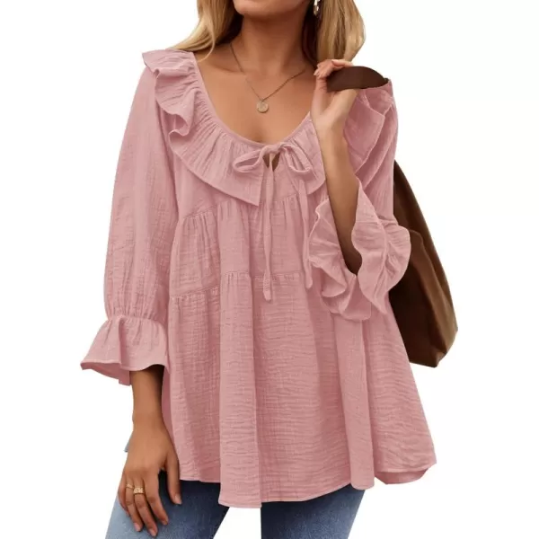 ZESICA Womens Scoop Neck 34 Length Sleeve Tops 2024 Casual Tie Front Ruffle Tiered Loose Tunic Shirts Blouses Fall OutfitsPink