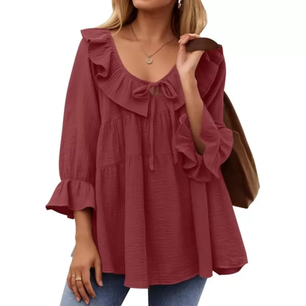 ZESICA Womens Scoop Neck 34 Length Sleeve Tops 2024 Casual Tie Front Ruffle Tiered Loose Tunic Shirts Blouses Fall OutfitsWine Red