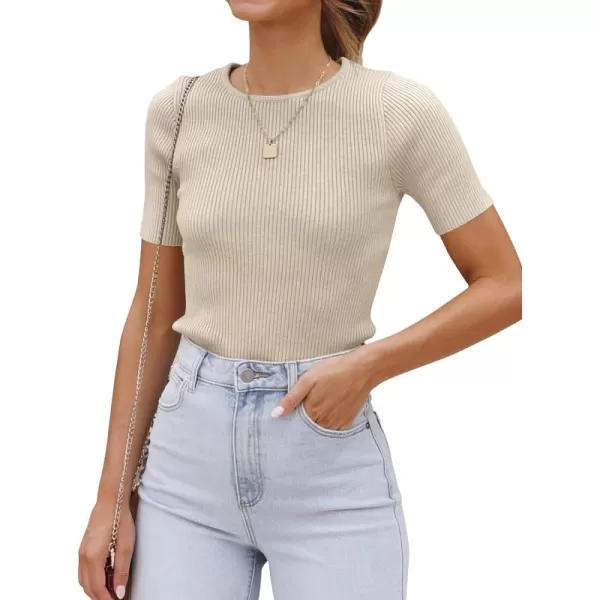 ZESICA Womens Short Sleeve Crewneck T Shirt 2024 Summer Ribbed Knit Slim Fit Basic Solid Color Tee TopsAlmond