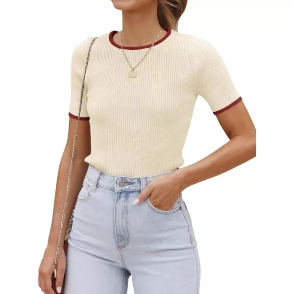 ZESICA Womens Short Sleeve Crewneck T Shirt 2024 Summer Ribbed Knit Slim Fit Basic Solid Color Tee TopsApricot