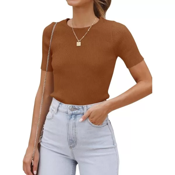 ZESICA Womens Short Sleeve Crewneck T Shirt 2024 Summer Ribbed Knit Slim Fit Basic Solid Color Tee TopsBrown