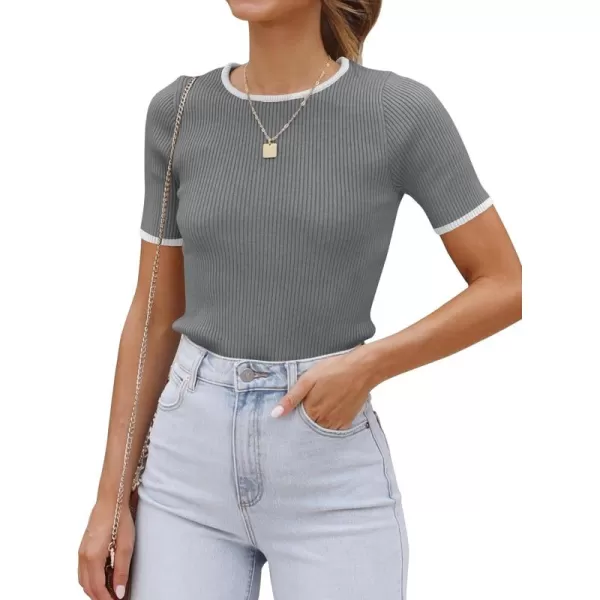 ZESICA Womens Short Sleeve Crewneck T Shirt 2024 Summer Ribbed Knit Slim Fit Basic Solid Color Tee TopsDarkgrey