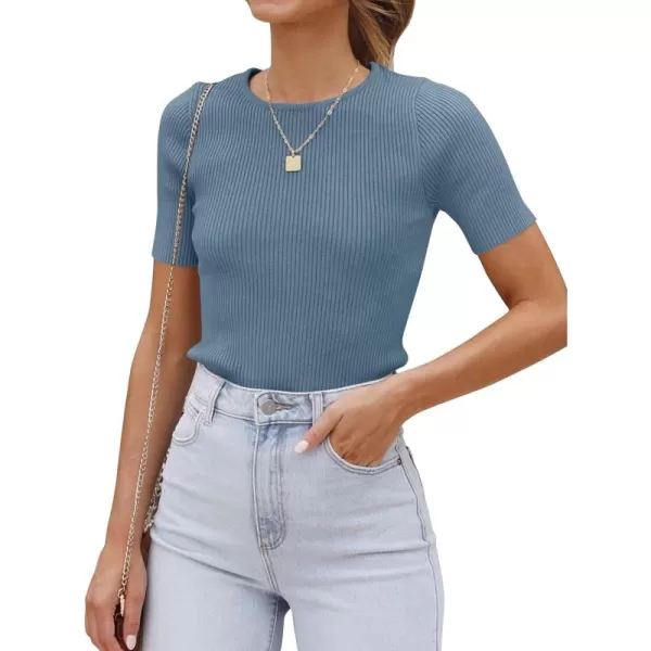 ZESICA Womens Short Sleeve Crewneck T Shirt 2024 Summer Ribbed Knit Slim Fit Basic Solid Color Tee TopsDustyblue