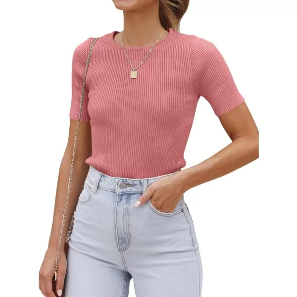 ZESICA Womens Short Sleeve Crewneck T Shirt 2024 Summer Ribbed Knit Slim Fit Basic Solid Color Tee TopsDustypink
