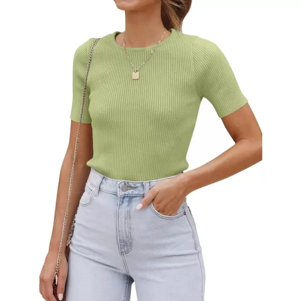 ZESICA Womens Short Sleeve Crewneck T Shirt 2024 Summer Ribbed Knit Slim Fit Basic Solid Color Tee TopsMossgreen