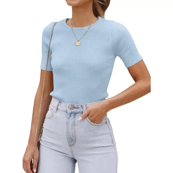 ZESICA Womens Short Sleeve Crewneck T Shirt 2024 Summer Ribbed Knit Slim Fit Basic Solid Color Tee TopsSkyblue
