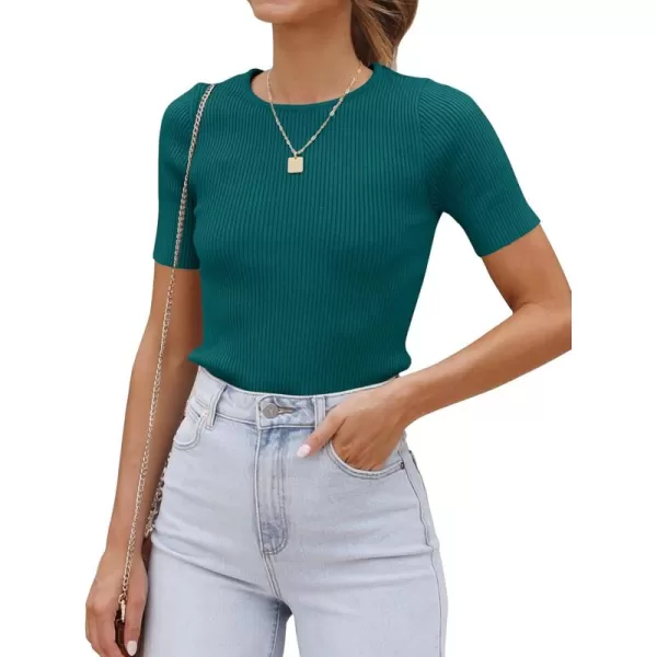 ZESICA Womens Short Sleeve Crewneck T Shirt 2024 Summer Ribbed Knit Slim Fit Basic Solid Color Tee TopsTeal
