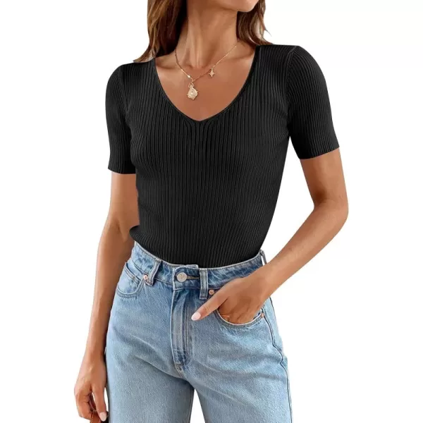 ZESICA Womens Short Sleeve T Shirts 2024 Summer V Neck Tops Casual Ribbed Knit Slim Fit Basic TeesBlack