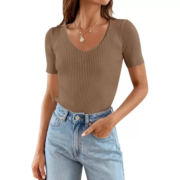 ZESICA Womens Short Sleeve T Shirts 2024 Summer V Neck Tops Casual Ribbed Knit Slim Fit Basic TeesBrown