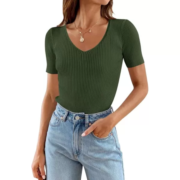 ZESICA Womens Short Sleeve T Shirts 2024 Summer V Neck Tops Casual Ribbed Knit Slim Fit Basic TeesDarkgreen