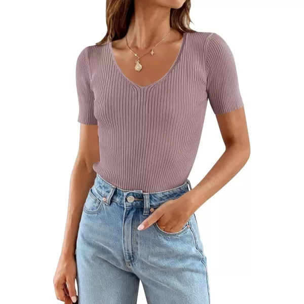 ZESICA Womens Short Sleeve T Shirts 2024 Summer V Neck Tops Casual Ribbed Knit Slim Fit Basic TeesTaro