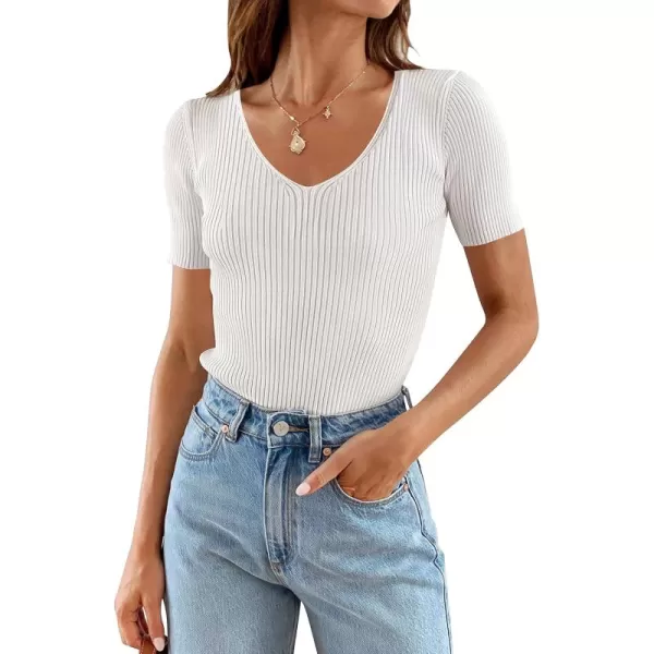 ZESICA Womens Short Sleeve T Shirts 2024 Summer V Neck Tops Casual Ribbed Knit Slim Fit Basic TeesWhite