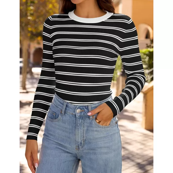 ZESICA Womens Long Sleeve Crewneck Striped Shirts 2024 Fall Sweater Ribbed Knit Slim Fit Basic Casual Tee TopsBlack