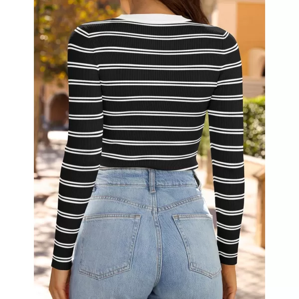ZESICA Womens Long Sleeve Crewneck Striped Shirts 2024 Fall Sweater Ribbed Knit Slim Fit Basic Casual Tee TopsBlack