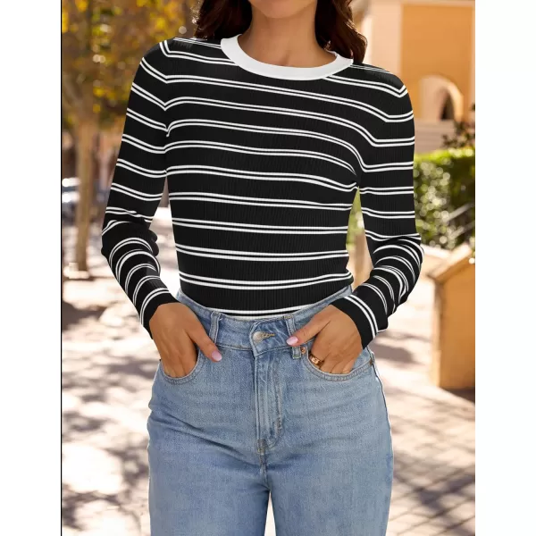 ZESICA Womens Long Sleeve Crewneck Striped Shirts 2024 Fall Sweater Ribbed Knit Slim Fit Basic Casual Tee TopsBlack