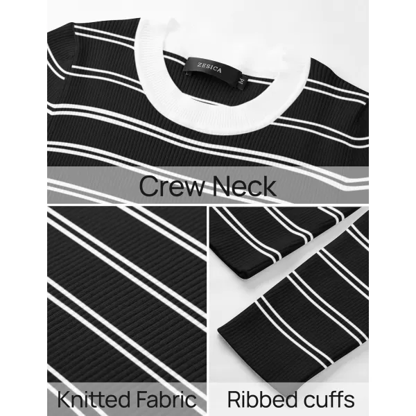 ZESICA Womens Long Sleeve Crewneck Striped Shirts 2024 Fall Sweater Ribbed Knit Slim Fit Basic Casual Tee TopsBlack