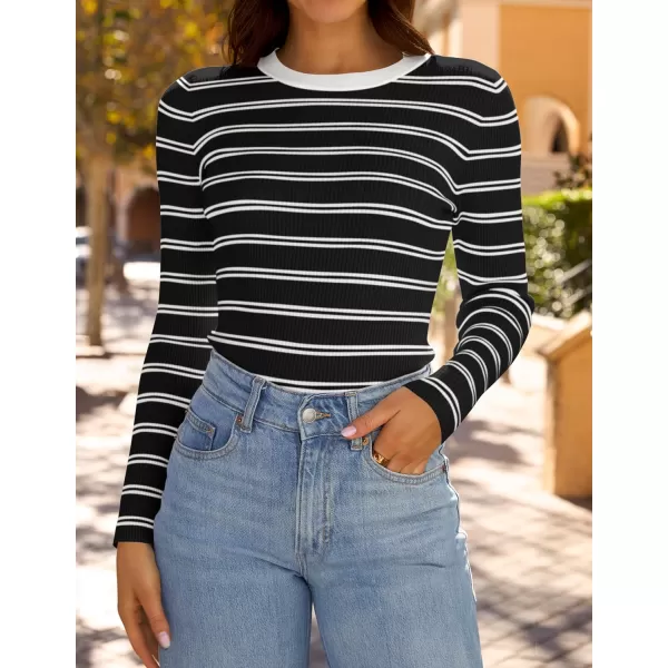 ZESICA Womens Long Sleeve Crewneck Striped Shirts 2024 Fall Sweater Ribbed Knit Slim Fit Basic Casual Tee TopsBlack