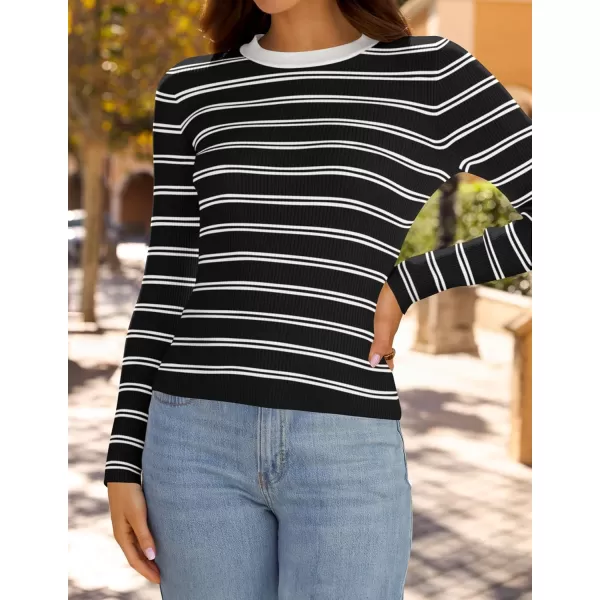 ZESICA Womens Long Sleeve Crewneck Striped Shirts 2024 Fall Sweater Ribbed Knit Slim Fit Basic Casual Tee TopsBlack